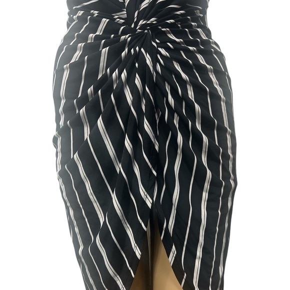REVAMPED Bodycon Dress Stripes Ruched Assymeyrical Small Stretch Wrap Deep Neck - Picture 5 of 9